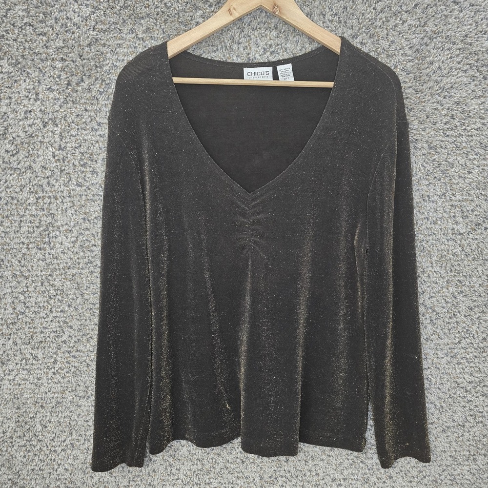 Chicos Travelers Top Womens 3 US XL Brown‎ Shimmer Metallic V Neck Blouse Ladies